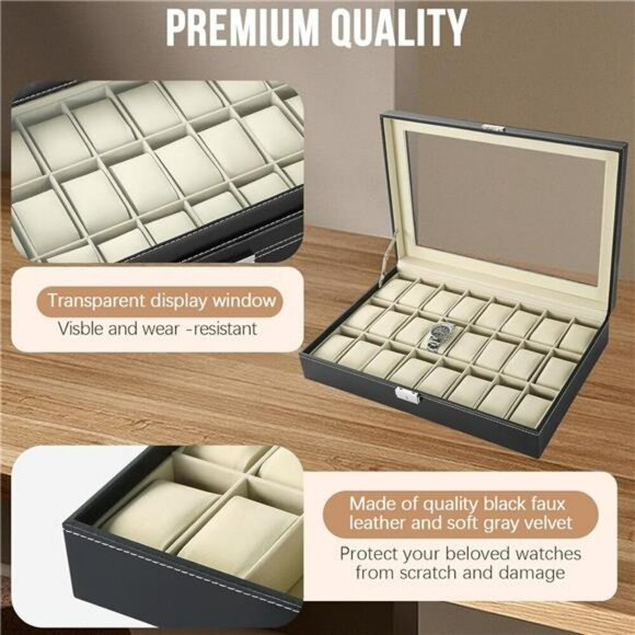 Watch Display Case 24 Slot Glass Top Organizer Faux Leather Jewelry Storage - Picture 3 of 7